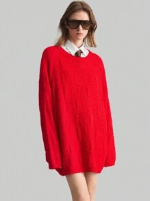 Ontre 春季服饰 情人节圆领长袖 大红色圆领长款宽松雪纺面料格子毛衣 圆领长袖格子红色毛衣 出门套头毛衣 - 紅色 - 查看 4