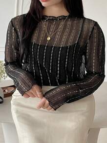 Dazy Plus Plus Size Sheer Metallic Loose Fit Stand Collar Blouse For Women, Spring/Summer Long Sleeve Women Tops Luxury - Black - View 1