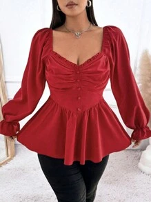 Flirla 大码女式红色长袖优雅纽扣衬衫，适合约会和派对新年服装荷叶边上衣