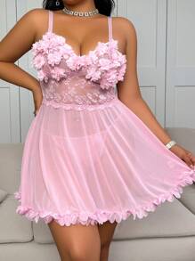 Crystal Vow Bộ 2 món ren lưới hoa cỡ lớn ngày lễ tình nhân: Váy yếm ren gợi cảm + quần lọt khe chữ T - Hồng - Xem 4