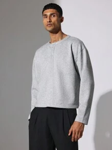 SUMWON Boxy Fit Crop Long Sleeve Henley Tee - Grey - View 1