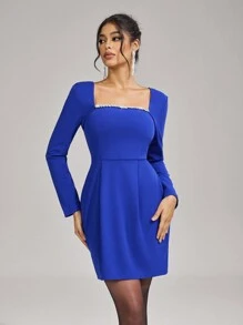 SHEIN Belle Women Elegant Knitted Blue Rhinestone Decor Long Sleeve Short Cocktail Dress, Wedding Guest Dress Music Festival  Spring/Summer