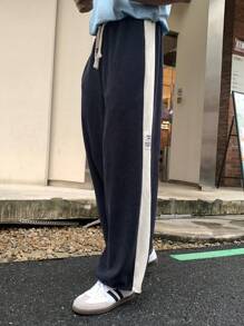 Manfinity Dauomo Men's Casual Solid Color Patchwork Drawstring Sweatpants - Navy Blue - View 4