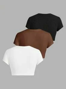 SHEIN EZwear Set de 3 camisetas de manga corta casuales y minimalistas en negro/blanco/marrón, aptas para el verano - Multicolor - View 2