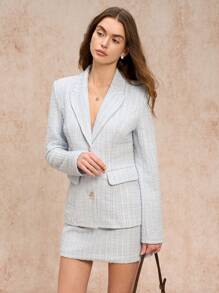 Poéselle Conjunto de traje de tweed para mujer - Chaqueta blazer con solapa elegante y falda media, con botones metálicos y bolsillos, para uso formal y casual de negocios en otoño/invierno. Traje de mujer con chaqueta y falda de tweed, adecuado para ocasiones formales, de negocios y fiestas, elegante en otoño/invierno.
