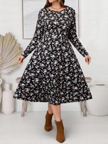 EMERY ROSE Plus Size Women's Long Sleeve Ditsy Floral Dress For Early Spring - Multicolor - View 6