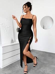 Elenzga Elegante vestido de fiesta con escote pronunciado y abertura alta para mujer de talla grande con decoración de moño