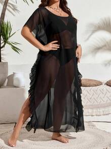 Swim Lushoire Plus Size Sexy Sheer Mesh Ruffle Trim Side Slit Cover Up Summer - Black - View 5