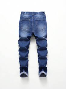 SHEIN Tween Boys' Blue Elastic Comfortable Washed Rolled Edge Jeans - Medium Wash - View 2