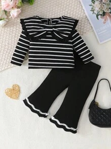 SHEIN Playful Pals 2pcs Baby Girl Autumn/Winter Cute Peter Pan Collar Striped Long Sleeve T-Shirt And Lace Ribbon Decor Pants Set, Casual And Comfortable For Outdoor - Black and White - View 3