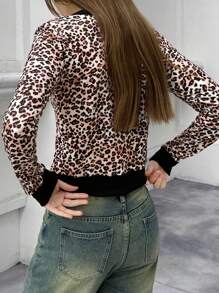 Jouncy Women's Leopard Print Long Sleeve Single Breasted Fashionable T-Shirt, Autumn Graphic Cheetah Print Tees Women Tops For Spring Fall Cloth For Women - Brown - View 6