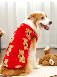 PETSIN 1 件红色小熊毛绒宠物背心，秋冬季保暖，农历新年 - 紅色 - 查看 3