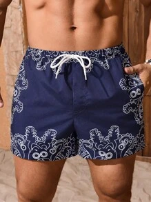 Surfspeed Men's Cartoon Print Drawstring Waist Casual Beach Shorts - Navy Blue - View 6