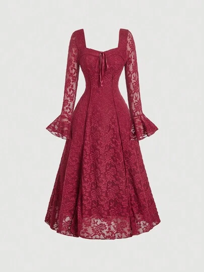 SHEIN MOD فستان طويل بأكمام طويلة باللون الأحمر مناسب للحفلات، الحفلات الراقصة، وملابس المناسبات