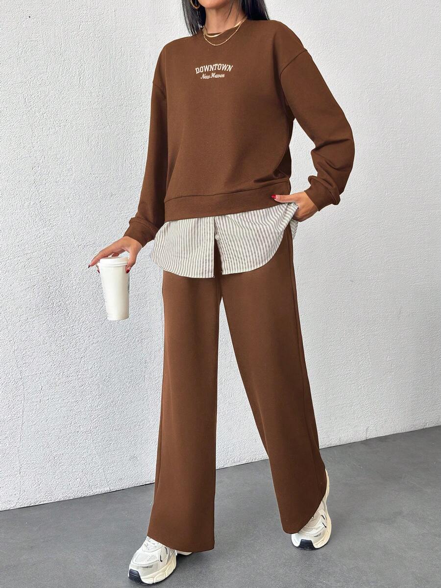 EURMUSE Cotton Fashionable Patchwork Sweatshirt & Sweatpants Set - Brown - View 1