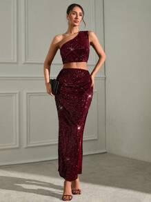 SHEIN Cottnline Sequined One-Shoulder Top With Side Draped Maxi Skirt Matching Set - Burgundy - View 1
