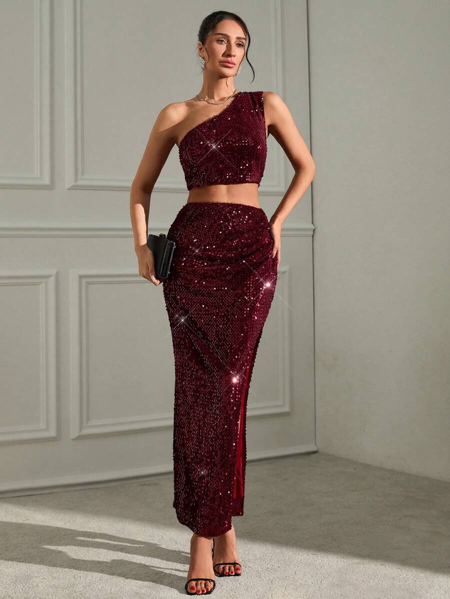 SHEIN Cottnline Sequined One-Shoulder Top With Side Draped Maxi Skirt Matching Set - Burgundy - View 1