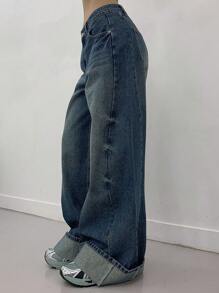 DAZY 女式休闲低腰阔腿水洗牛仔裤，返校服 - 藍色 - 查看 7