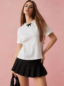 SHEIN Spring/Summer Romantic Women's White Rhinestone Embroidery Peter Pan Collar Little Bow Decor T-Shirt,Sweet&Elegant Outfit For Party And Sweet Date Night &Wedding Guest Dress Women &Holiday & Graduation Dress&Daily Commuting&Vacation&Garden Parties & Concert Outfit Women