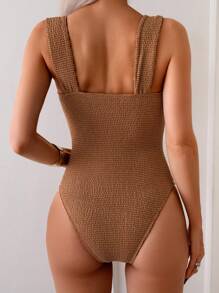 Women Solid Color Textured Fabric Summer Beach Body Fitted Backless One-Piece Swimsuit - Rust Brown - View 2
