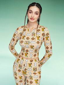 SCOOBY-DOO X SHEIN 2 件套女士休闲全印花短款上衣和喇叭裤套装，适合秋季 - 卡其色 - 查看 6