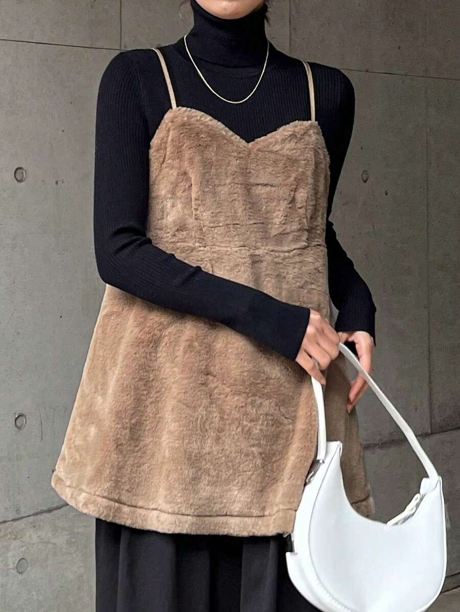 FRIFUL Women's Solid Color Plush Loose Camisole For Autumn/Winter - Khaki - View 1