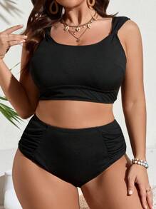 SHEIN Swim Curve Plus Size Women's High Waist Ruched Swimwear Set, Textured Fabric Summer - Black - View 5