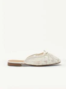 CUCCOO CHICEST Sapatos baixos Mary Jane com decoração de laço floral de renda feminina - Branco - Ver 4