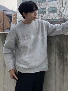 DAZY Men's Grey Jacquard Letter All-Match Versatile Sweater Fall,Winter - Grey - View 1