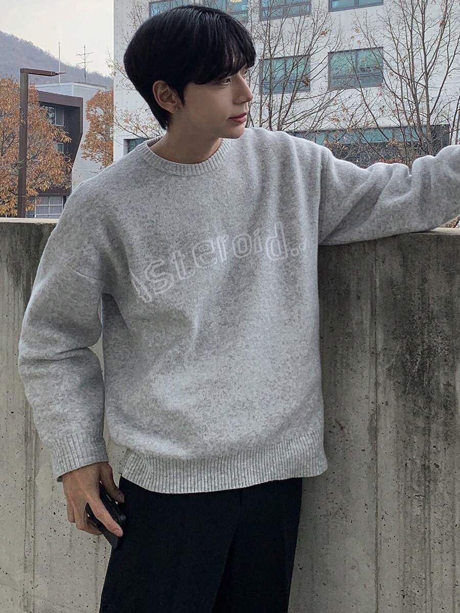 DAZY Men's Grey Jacquard Letter All-Match Versatile Sweater Fall,Winter - Grey - View 1