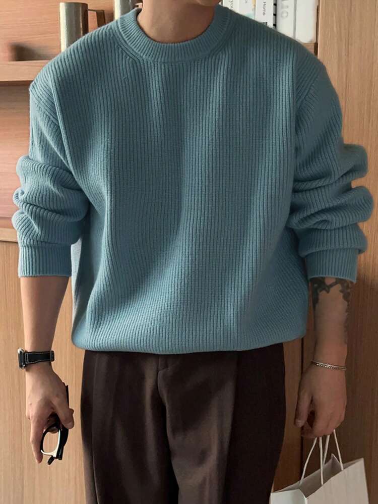 Men's Solid Color Casual Versatile Crew Neck Sweater,Fall Clothes