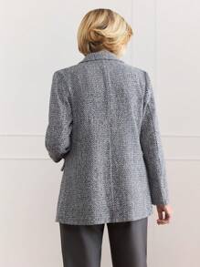 SHEIN LUNE Áo sơ mi nữ cổ tròn tay dài cài nút phía trước đơn giản thường ngày - Đen và trắng - Xem 2