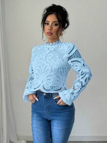 Elenzga Elegant Solid Color Lace Long Sleeve Cropped Shirt Fall Cloth For Women