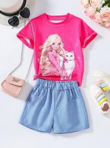Bộ áo thun tay ngắn và quần short in hình mèo và bé gái - Nhiều màu - Xem 1