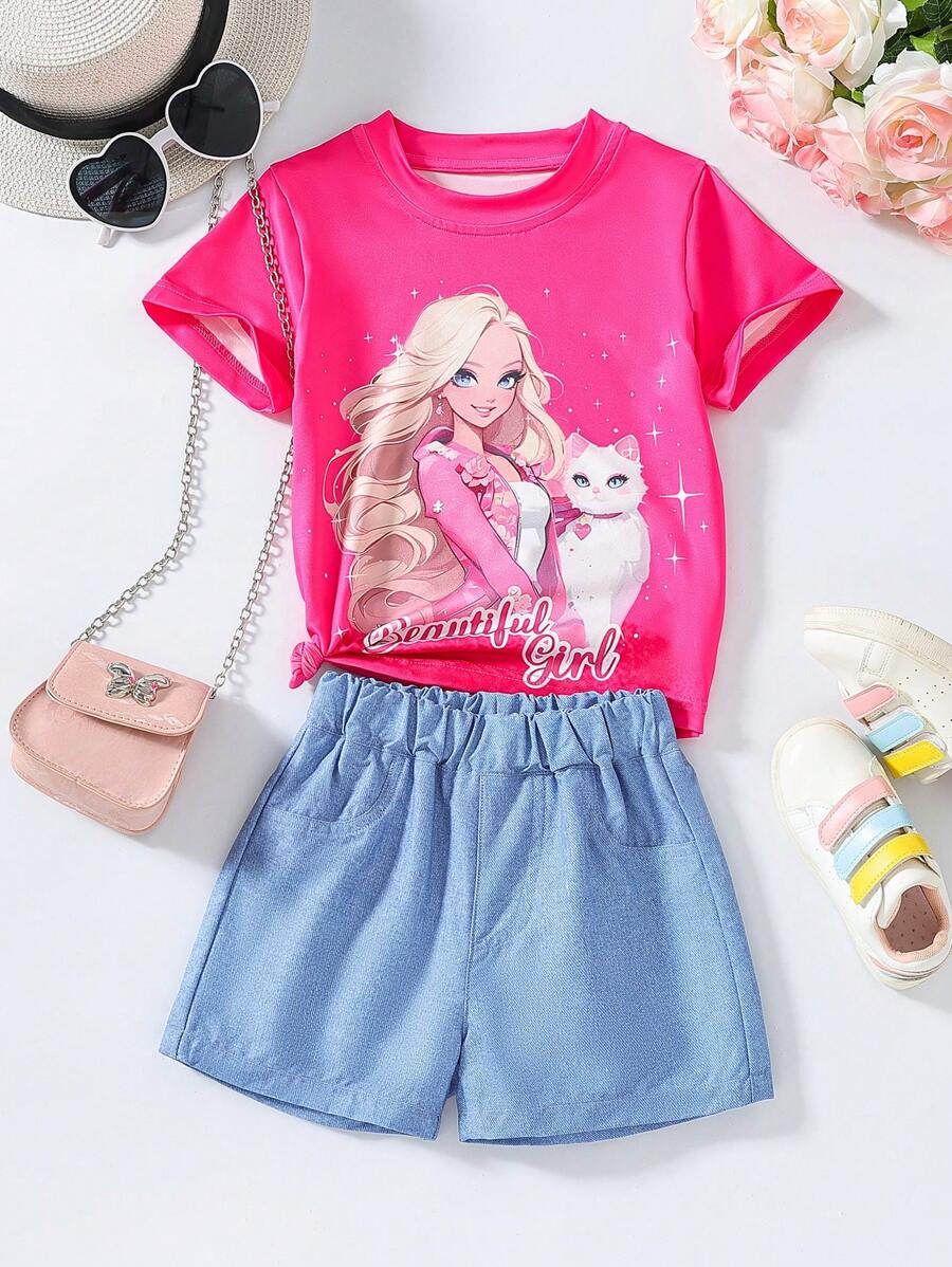 Bộ áo thun tay ngắn và quần short in hình mèo và bé gái - Nhiều màu - Xem 1