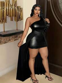 Slaydiva Elegante Basics in Übergröße – einfarbiges, figurbetontes Oberteil mit langen Schultern aus elastischem Strick-PU-Netzstoff für Damen, Schwarz