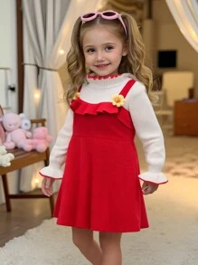 Young Girl Elegant Ruffle Collar Long Sleeve 2 In 1 Waist Cinched A-Line Sweater Dress, Casual & Minimalist - Red - View 1