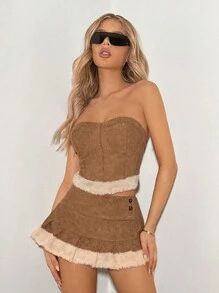SHEIN ICON Women Y2k Vacation Outfits Vintage Plush Patchwork Crop Top And Draped Waist Mini Skirt Set, Fashion Style