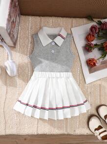 SHEIN Infant Girls 2pcs Outfits, Fashion Casual Sports Style Grey Top And Pleated Skirt Set, Versatile - Grey - View 1