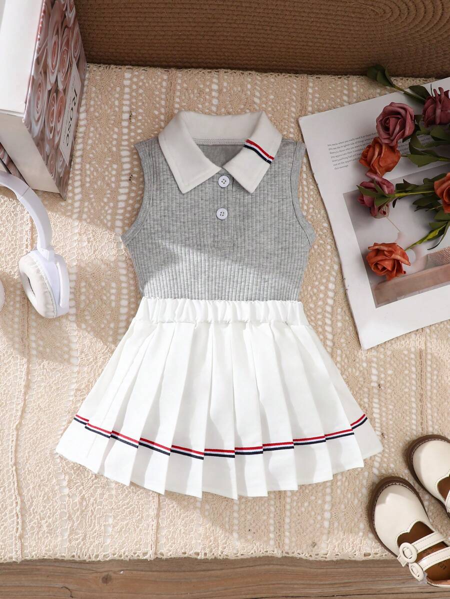 SHEIN Infant Girls 2pcs Outfits, Fashion Casual Sports Style Grey Top And Pleated Skirt Set, Versatile - Grey - View 1