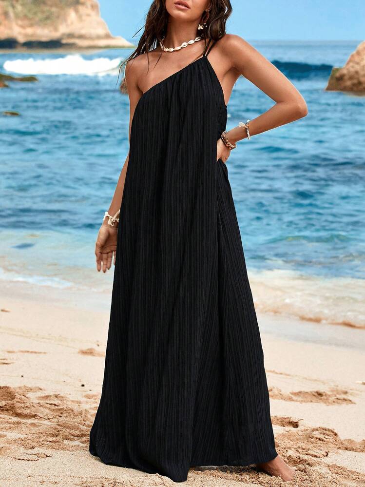 SHEIN VCAY Vestido Assimétrico de Pescoço Texturizado de Cor Sólida para Férias na Praia - Preto - Visão 1