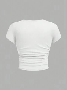 SHEIN Girlism 3 Piece Set Tween Girls Fitted Casual Solid Color Crew Neck Shirred Short Sleeve T-Shirts