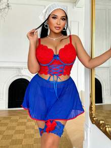 4 件套大码内衣带钢圈 - 吊带背心、迷你裙、内裤、长筒袜 - 彩色 - 查看 5