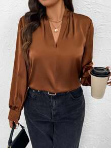 SHEIN Essnce Plus Size Women's Spring Vacation New Fashion Commuter Business Casual Elegant Women's French Satin V-Neck Long-Sleeved Design Outing Blouse