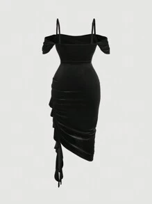 SHEIN MOD Sexy & Süßes Einfarbiges Kleid in Große Größen mit tiefem Ausschnitt, gerafften Ärmeln, Volantbesatz und hohem Schlitz