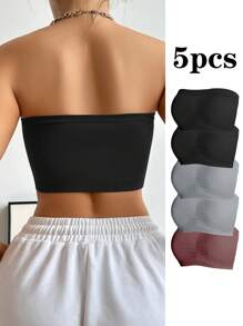 Women Solid Color Pleated Bandeau Bra Set Of 5 - Multicolor - View 2