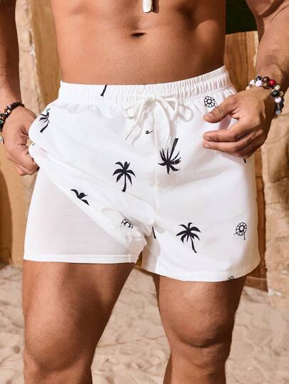 Manfinity Swimmode Pantaloni scurți de baie pentru bărbați, cu talie cu șnur, căptușeală încorporată, ușori, elastici în 4 direcții, cu model floral de palmier, pentru vacanță la plajă, sporturi nautice, material țesut alb, căptușiți fără elasticitate, stil hawaian
