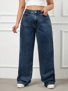 RueChic 100%Cotton Rigid, High Waist Wideleg Fit - Medium Wash - View 5