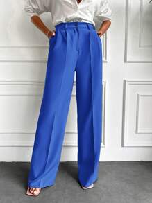 EURMUSE Solid Slant Pocket Wide Leg Suit Pants - Dusty Blue - View 5