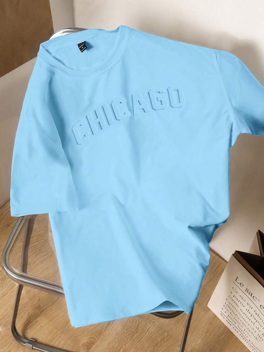 Claim Dot Men's Casual Solid Color Letter Embossed Short Sleeve T-Shirt Blue T Shirt, Chicago Shirt, Baby Blue T Shirt, Baby Blue Graphic Tee Men, Light Blue Graphic Tees, Sky Blue Graphic Tee - Baby Blue - View 1